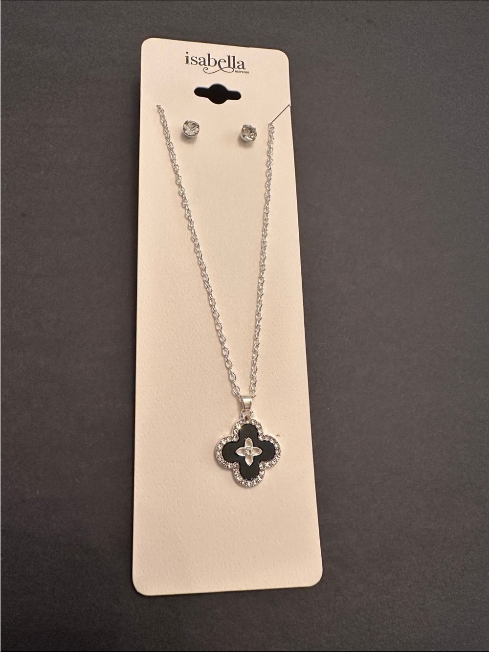 Silver Necklace with Black Clover Pendant and Crystal Accents